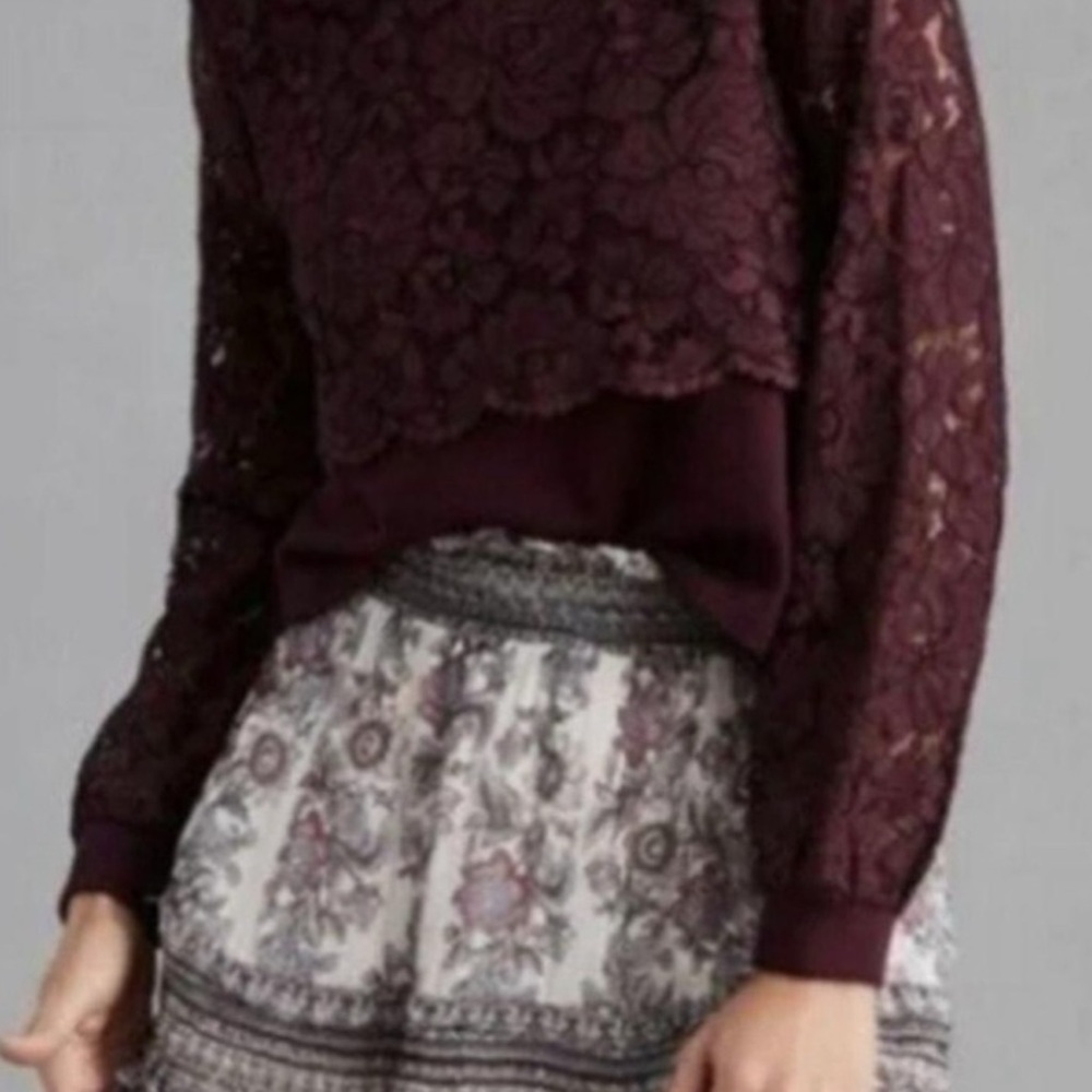 Maeve by Anthropology Elegant Lace overlay Burgundy Top size small